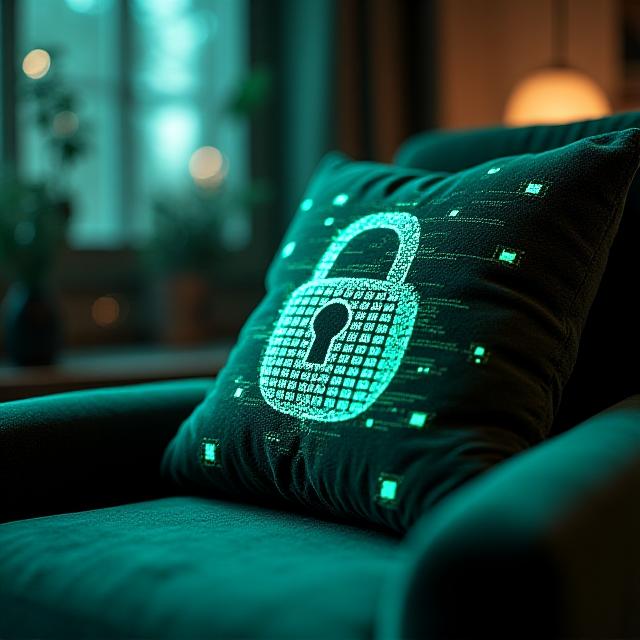 A cozy literate reading nook with encrypted lock symbols subtly integrated