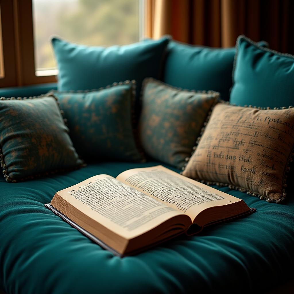 Literary themed reading nook with plush pillows