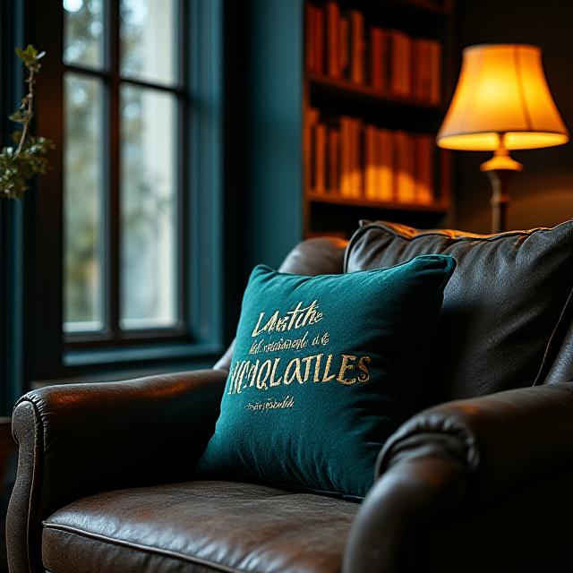 Cozy dark-toned reading nook with a literary themed velvet pillow