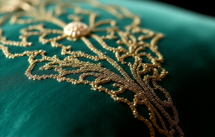 Close up of emerald velvet pillow with gold embroidery