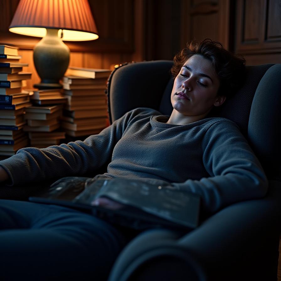 Founder reading a thick hardcover book in a cozy library chair