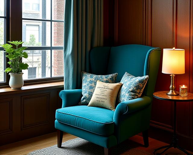 A serene reading nook with layered literary pillows and soft lighting